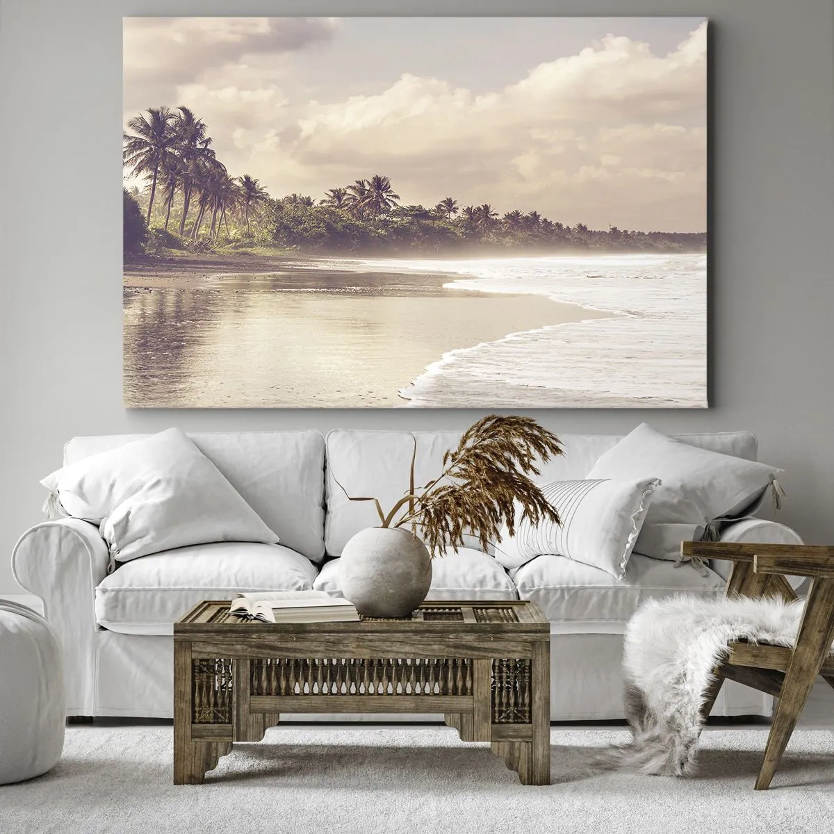 Cuadro sobre lienzo - Impresión de Imagen - Una playa con palmeras y olas suaves por la mañana. - 70x50cm - La caricia de las olas - Decoración de pared moderna para salón y dormitorio ARTTOR