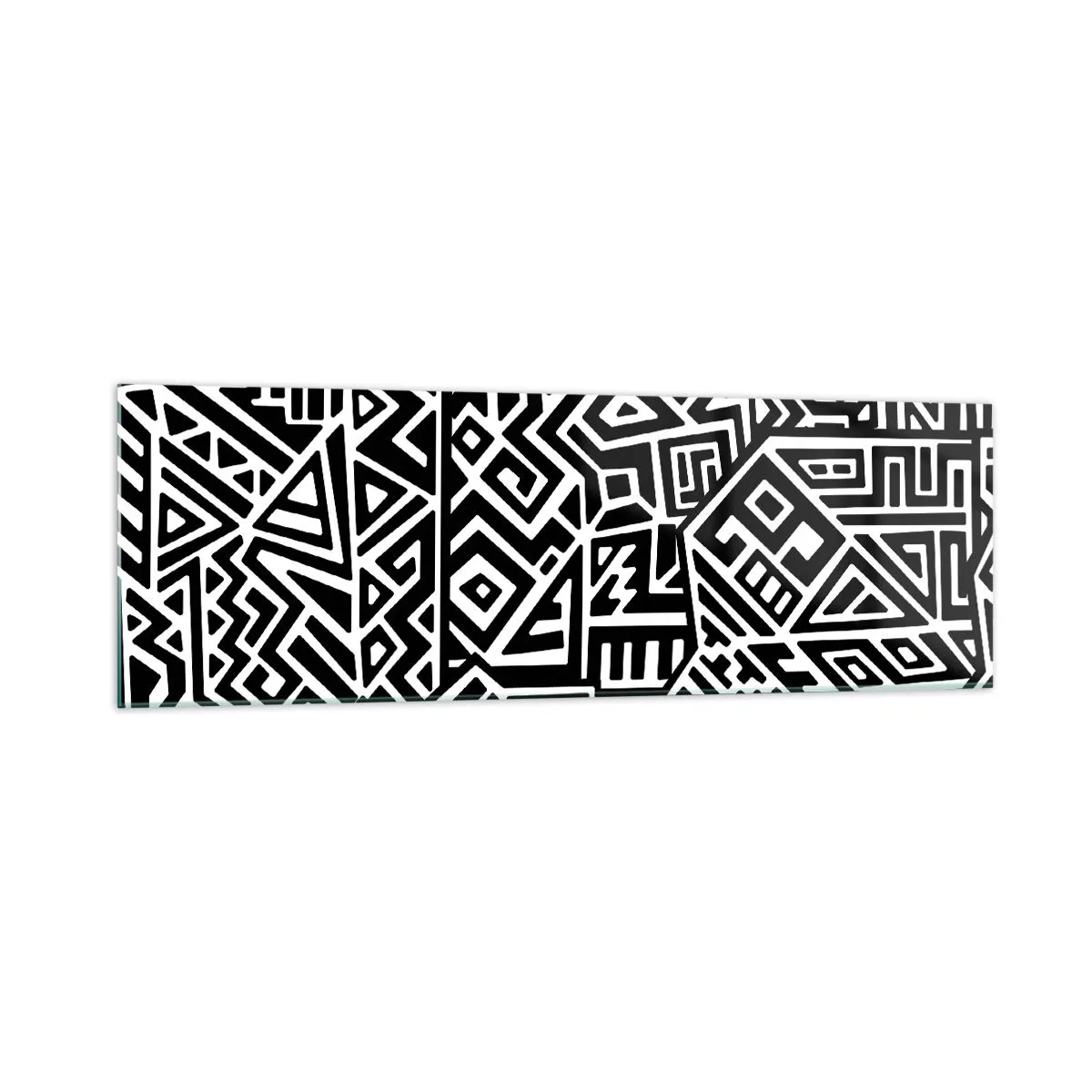 Cuadro sobre vidrio - Impresiones sobre Vidrio - Patrones geométricos en blanco y negro inspirados en la cultura precolombina. - 160x50cm - Composición precolombina - Decoración de pared moderna para salón y dormitorio ARTTOR