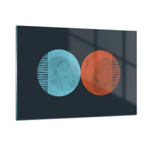 Cuadro sobre vidrio - Impresiones sobre Vidrio - Círculos abstractos en azul y naranja - 120x80cm - ¿Solo geometría? - Decoración de pared moderna para salón y dormitorio ARTTOR