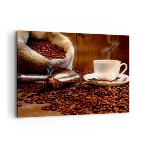 Cuadro sobre lienzo - Impresión de Imagen - Una taza de café con granos de café y una bolsa de granos al fondo. - 100x70cm - ¿Hueles eso? - Decoración de pared moderna para salón y dormitorio ARTTOR