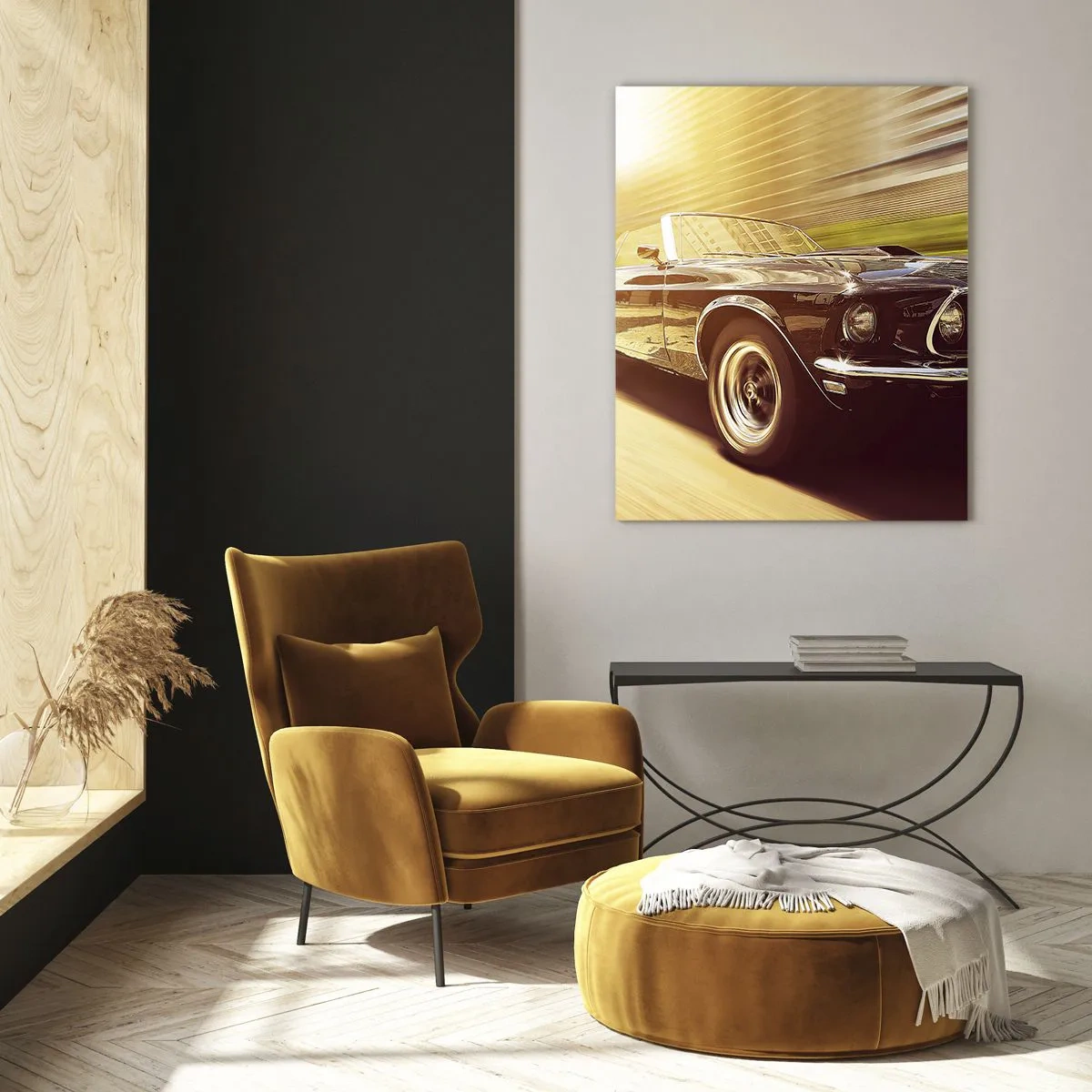 Cuadro sobre vidrio - Impresiones sobre Vidrio - Un coche clásico en movimiento con un telón de fondo urbano. - 80x120cm - 1967 - El retorno de una leyenda - Decoración de pared moderna para salón y dormitorio ARTTOR