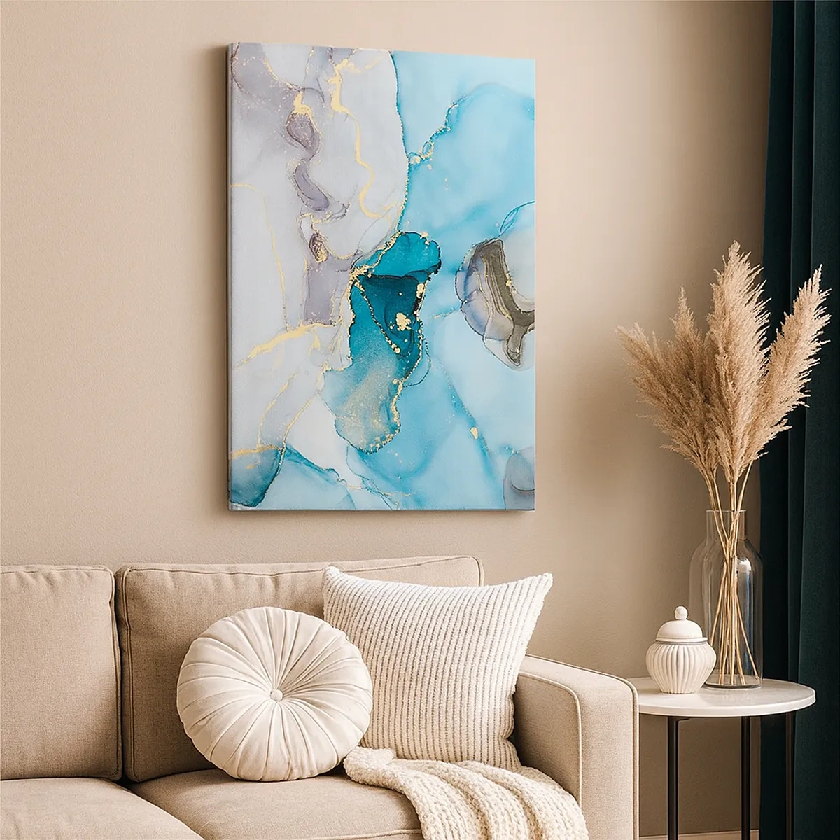 Cuadro sobre lienzo - Impresión de Imagen - Abstracción en tonos azules y dorados con líneas sutiles. - 50x70cm - Un estudio del encuentro entre el gris y el turquesa - Decoración de pared moderna para salón y dormitorio ARTTOR