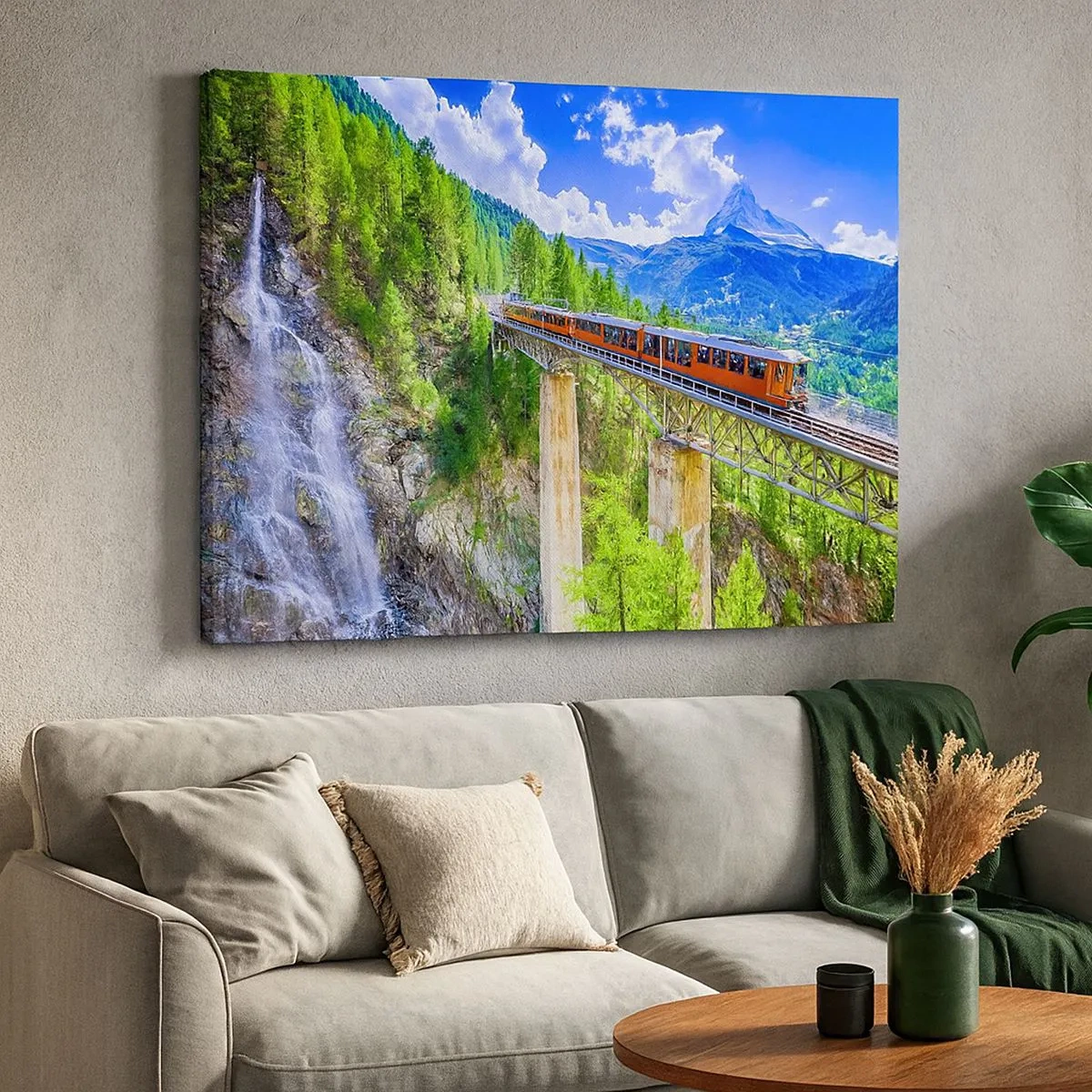 Cuadro sobre lienzo - Impresión de Imagen - Una montaña rusa en un puente con vistas a una cascada y montañas. - 70x50cm - Ferrocarril a los Alpes - Decoración de pared moderna para salón y dormitorio ARTTOR