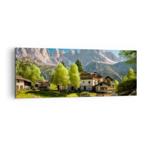 Cuadro sobre lienzo - Impresión de Imagen - Un pueblo de montaña con casas y vistas a los Alpes. - 140x50cm - Idilio alpino - Decoración de pared moderna para salón y dormitorio ARTTOR