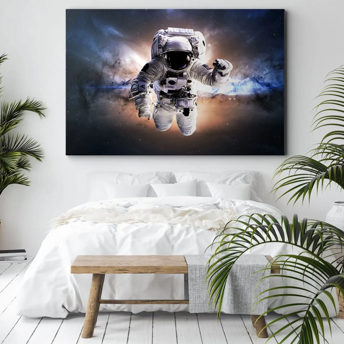 Cuadro sobre lienzo - Impresión de Imagen - Astronauta en el espacio - 100x70cm - Saludos desde el espacio exterior - Decoración de pared moderna para salón y dormitorio ARTTOR