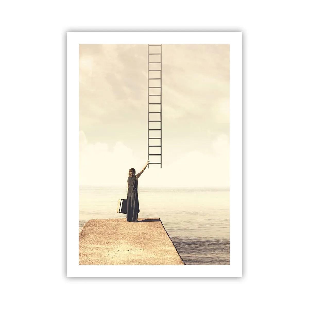Póster - Una mujer en un muelle alcanzando una escalera que conduce al cielo. - 50x70cm - Un viaje mágico - Decoración de pared moderna para salón y dormitorio ARTTOR