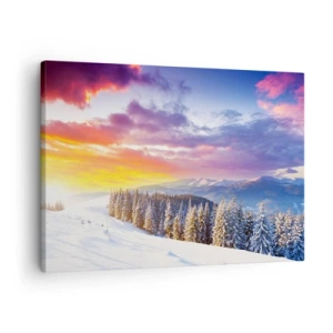 Cuadro sobre lienzo - Impresión de Imagen - Paisaje invernal con montañas y bosque al atardecer - 70x50cm - Día blanco - Decoración de pared moderna para salón y dormitorio ARTTOR