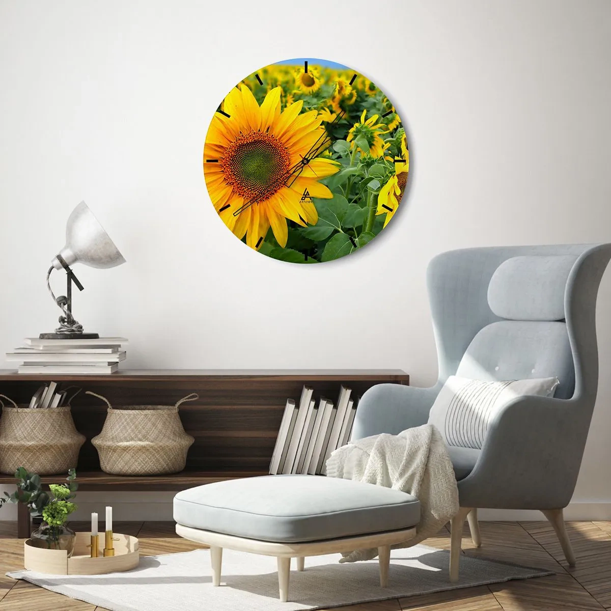 Reloj de pared - Reloj de vidrio - Un campo de girasoles en un día soleado. - 30x30cm - Cientos de soles estallan - Decoración de pared moderna para salón, cocina y dormitorio ARTTOR