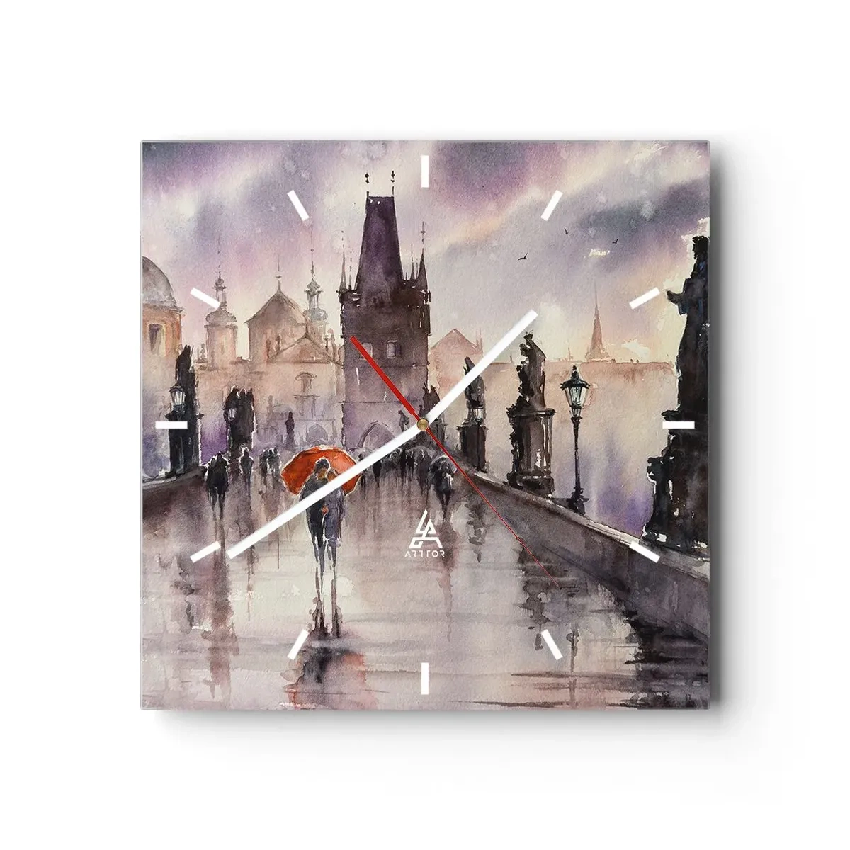 Reloj de pared - Reloj de vidrio - Vista romántica de un puente con un paraguas con el telón de fondo de una ciudad al atardecer. - 30x30cm - La gente no cambia - Decoración de pared moderna para salón y dormitorio ARTTOR