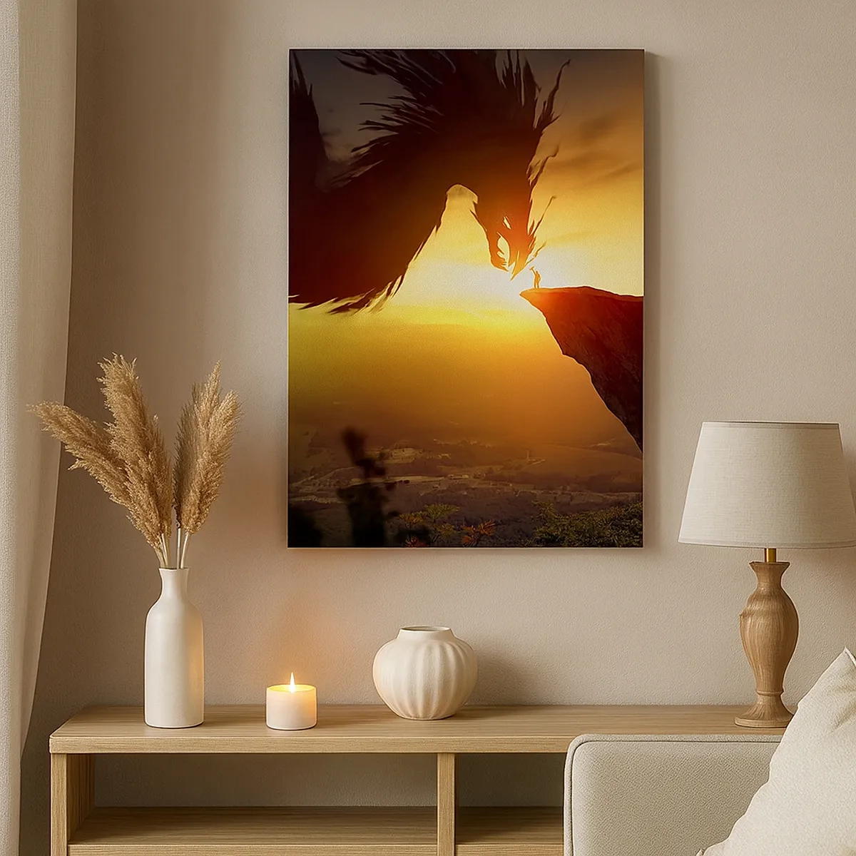 Cuadro sobre lienzo - Impresión de Imagen - Un dragón y un hombre en una roca bajo el resplandor del sol poniente. - 50x70cm - Cazador de dragones - Decoración de pared moderna para salón y dormitorio ARTTOR