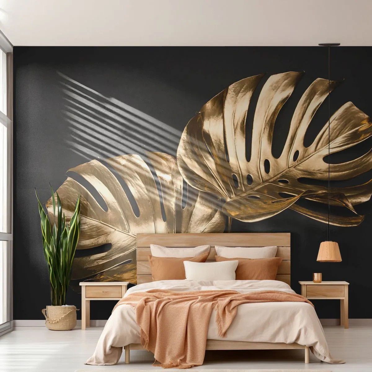 Fotomural Premium Sand - Hojas de monstera doradas sobre un fondo negro en un estilo elegante. - 100x70cm - Tesoros de la naturaleza - Decoración de pared moderna para salón y dormitorio ARTTOR