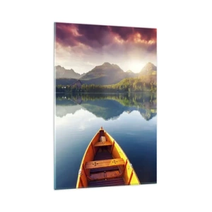 Cuadro sobre vidrio - Impresiones sobre Vidrio - Tres barcos de madera con el telón de fondo de un lago de montaña al atardecer - 80x120cm - Frente a la naturaleza - Decoración de pared moderna para salón y dormitorio ARTTOR