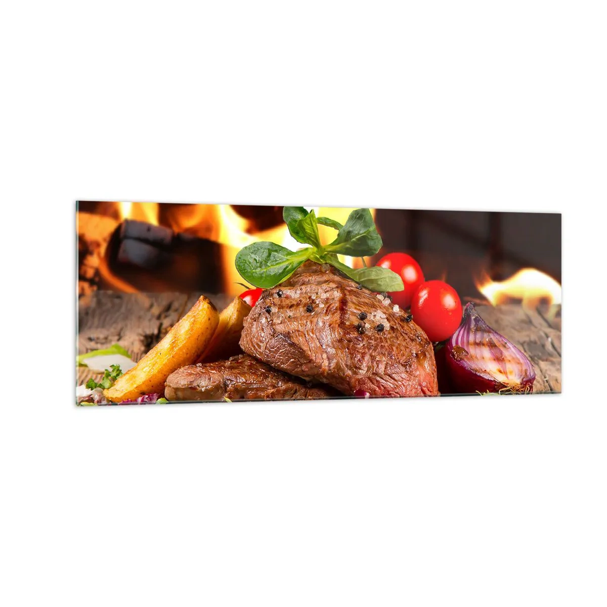 Cuadro sobre vidrio - Impresiones sobre Vidrio - Filete a la parrilla con acompañamientos con el telón de fondo de las llamas. - 140x50cm - Embrujo de fuego - Decoración de pared moderna para salón y dormitorio ARTTOR