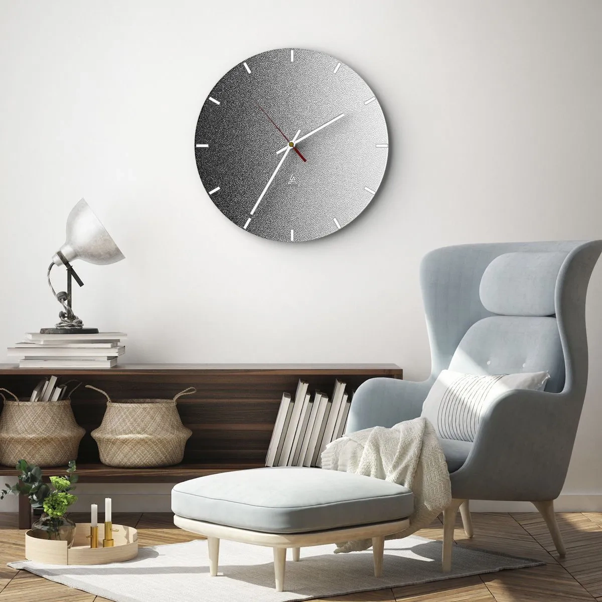 Reloj de pared - Reloj de vidrio - Un degradado en blanco y negro formado por puntos densos que se desvanecen en la luz. - 30x30cm - Hacia la luz - Decoración de pared moderna para salón, cocina y dormitorio ARTTOR