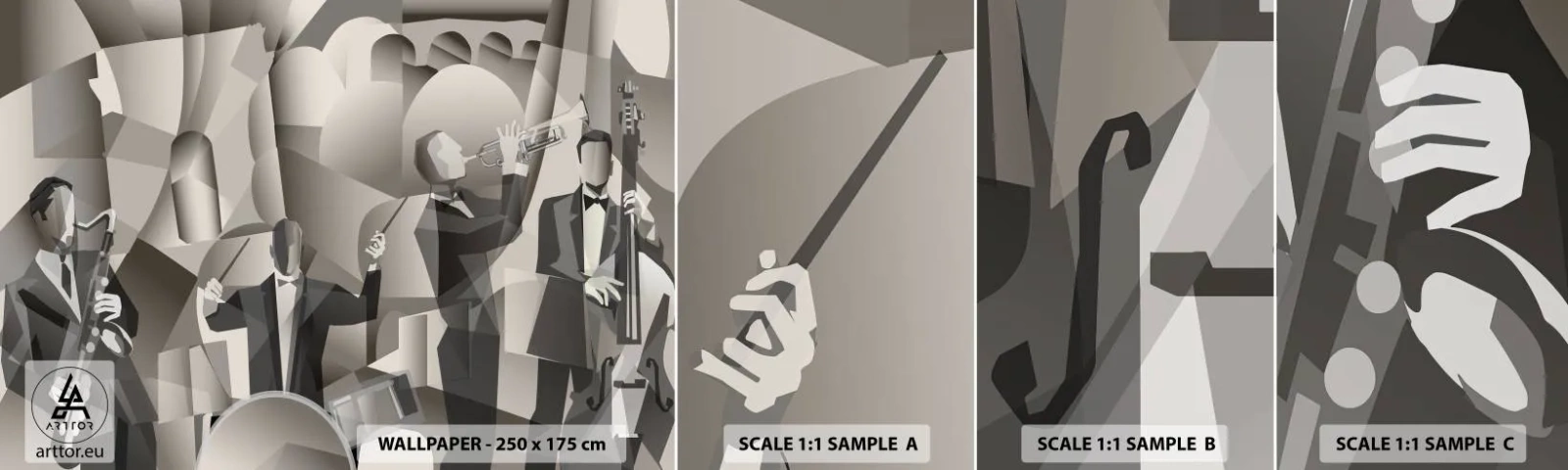 Muestra de fotomural autoadhesivo Deluxe Sticker - En el espacio de los sonidos - Abstracción, Banda, Jazz - 100x30 cm