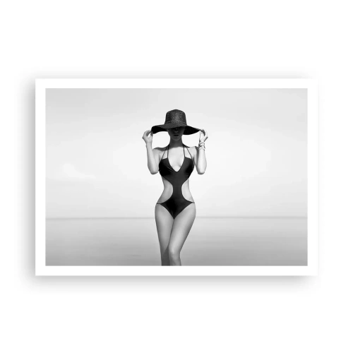 Póster - Silueta en blanco y negro de una mujer con sombrero contra el fondo del mar. - 100x70cm - Mi nombre es Elegancia - Decoración de pared moderna para salón y dormitorio ARTTOR