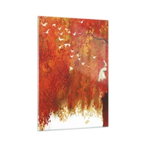 Cuadro sobre vidrio - Impresiones sobre Vidrio - Una figura en un columpio junto a un árbol rodeado de hojas rojas. - 70x100cm - ¿Volará con ellos? - Decoración de pared moderna para salón y dormitorio ARTTOR
