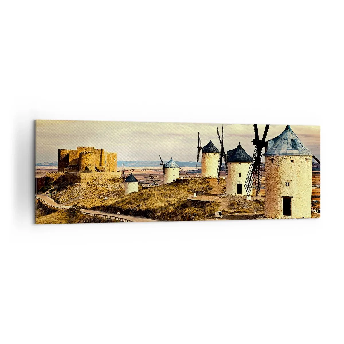 Cuadro sobre lienzo - Impresión de Imagen - Molinos de viento en las colinas con un castillo histórico al fondo - 160x50cm - Don Quijote los vio - Decoración de pared moderna para salón y dormitorio ARTTOR