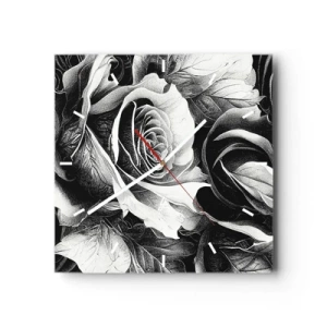 Reloj de pared - Reloj de vidrio - Rosas blancas y negras en una elegante composición. - 30x30cm - Siempre como una reina - Decoración de pared moderna para salón y dormitorio ARTTOR