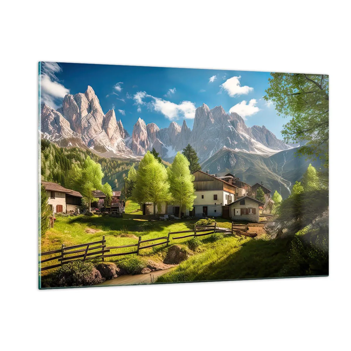 Cuadro sobre vidrio - Impresiones sobre Vidrio - Desarrollo rural en un entorno verde al pie de los picos alpinos - 120x80cm - Idilio alpino - Decoración de pared moderna para salón y dormitorio ARTTOR