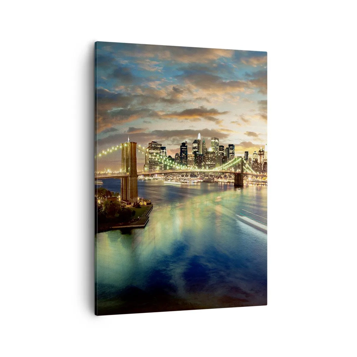 Cuadro sobre lienzo - Impresión de Imagen - Un puente iluminado con la ciudad al fondo, con luces reflejadas en el agua. - 50x70cm - Un atardecer iluminado sobre Manhattan - Decoración de pared moderna para salón y dormitorio ARTTOR
