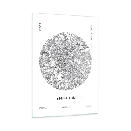 Cuadro sobre vidrio - Impresiones sobre Vidrio - Mapa en blanco y negro de Birmingham en un estilo gráfico moderno - 50x70cm - Anatomía de Birmingham - Decoración de pared moderna para salón y dormitorio ARTTOR