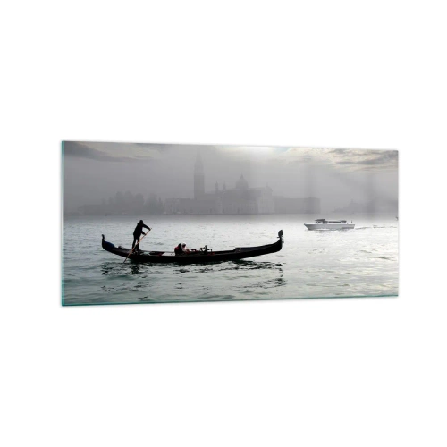 Cuadro sobre vidrio - Impresiones sobre Vidrio - Una góndola se desliza por las aguas de Venecia en una mañana brumosa, con vistas a la ciudad. - 120x50cm - Una fabulosa ciudad de agua y niebla - Decoración de pared moderna para salón y dormitorio ARTTOR