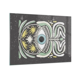 Cuadro sobre vidrio - Impresiones sobre Vidrio - Ojo gráfico con ornamentación tribal sobre un fondo oscuro. - 70x50cm - Rituales tribales - Decoración de pared moderna para salón y dormitorio ARTTOR