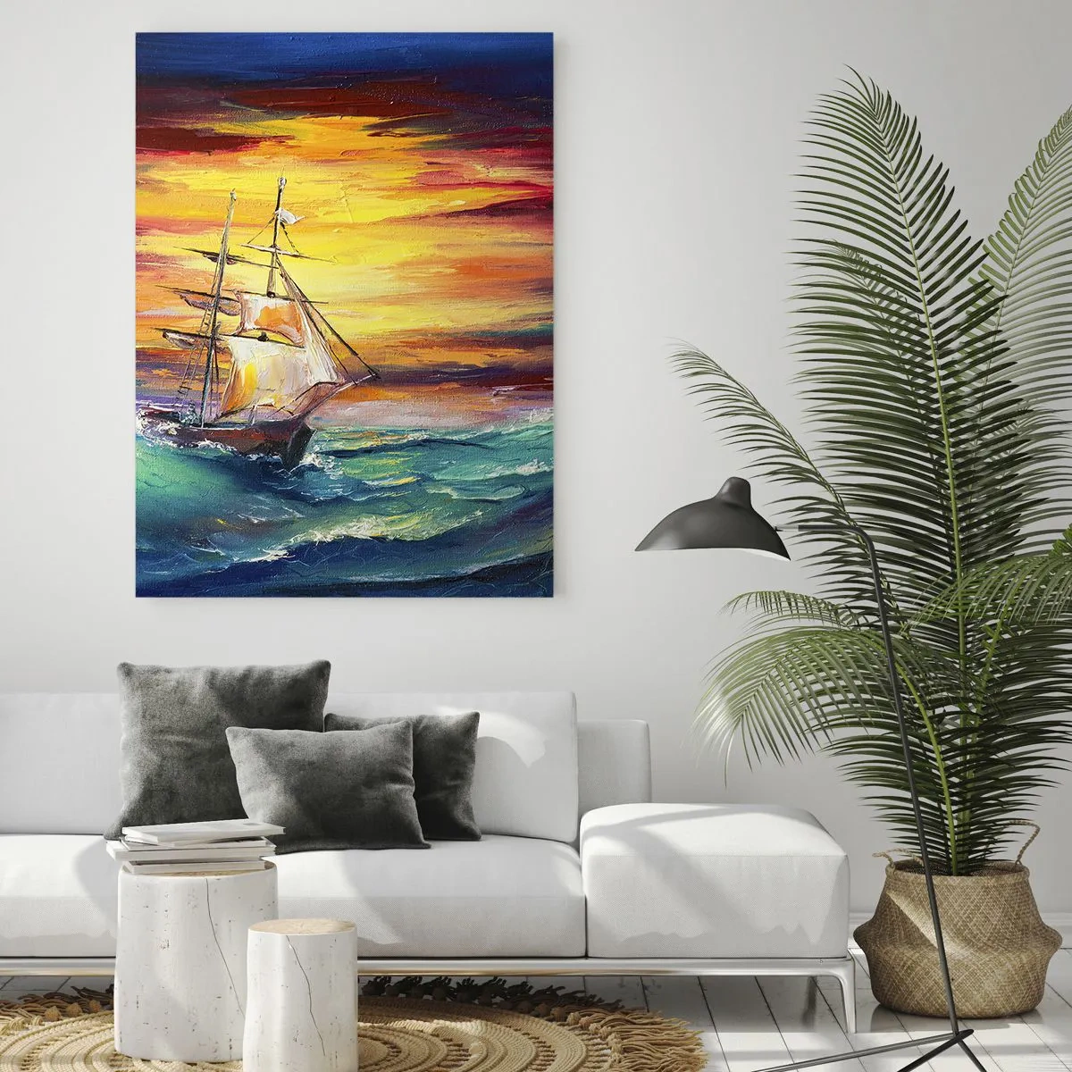 Cuadro sobre vidrio - Impresiones sobre Vidrio - Un velero con el telón de fondo de una colorida puesta de sol. - 70x100cm - Valientemente surcando las olas - Decoración de pared moderna para salón y dormitorio ARTTOR