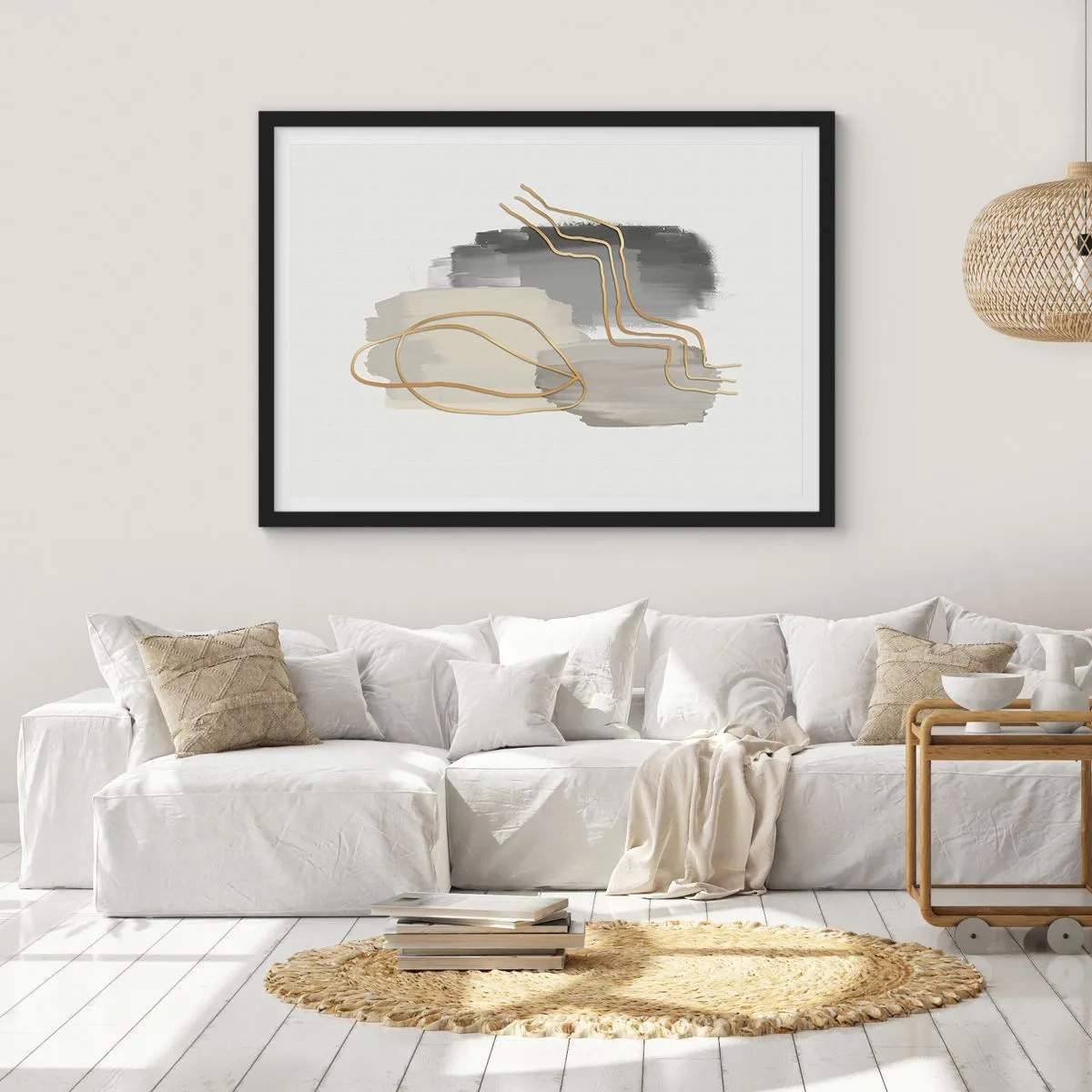 Póster en marco negro - Líneas doradas abstractas sobre un fondo gris - 100x70cm - Persistencia y movimiento - Decoración de pared moderna para salón y dormitorio ARTTOR