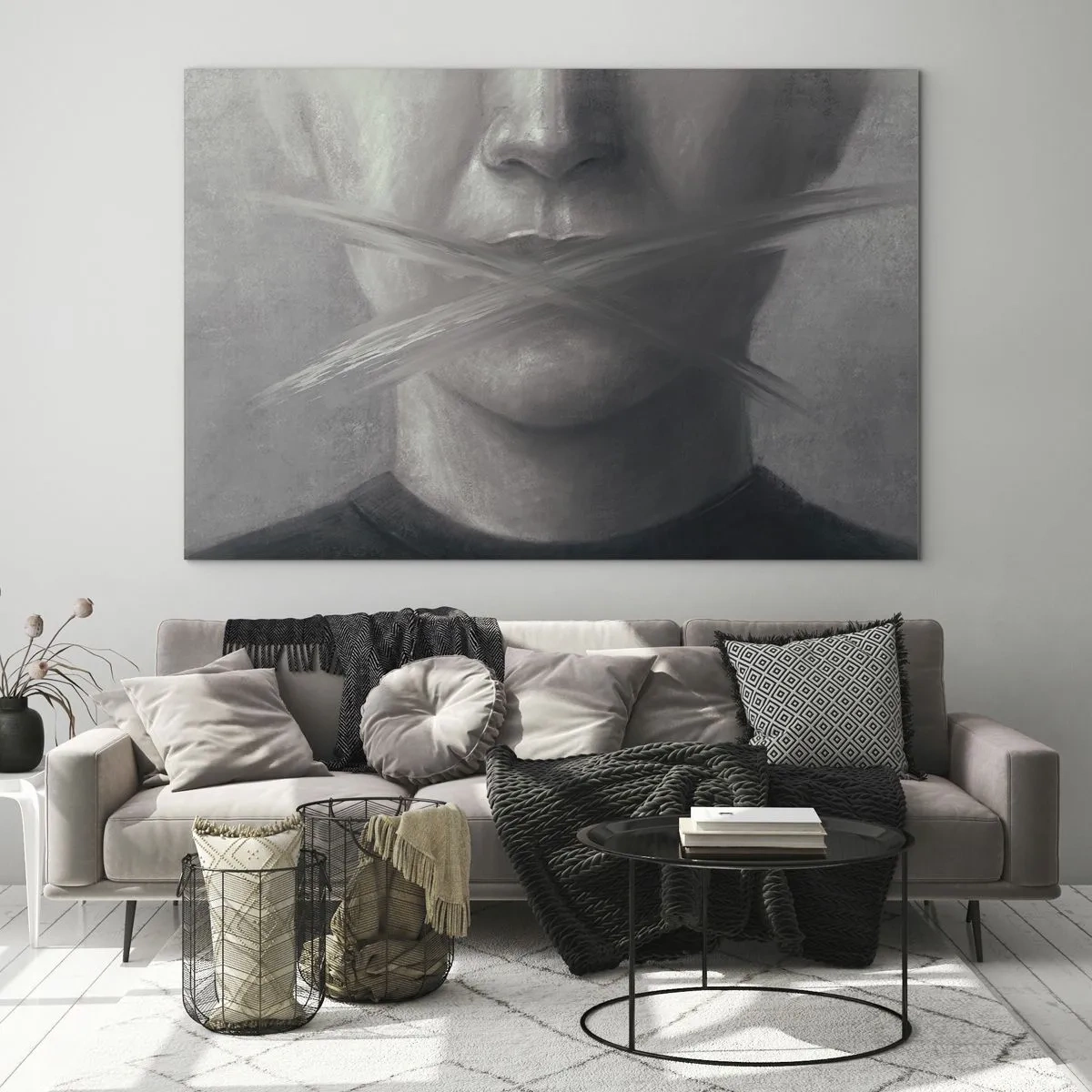 Cuadro sobre vidrio - Impresiones sobre Vidrio - Retrato de una persona con labios manchados en tonos grises. - 120x80cm - Ni una palabra - Decoración de pared moderna para salón y dormitorio ARTTOR