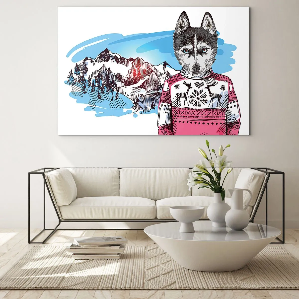 Cuadro sobre vidrio - Impresiones sobre Vidrio - Husky con un suéter con montañas al fondo - 70x50cm - Un lobo con piel de cordero - Decoración de pared moderna para salón y dormitorio ARTTOR