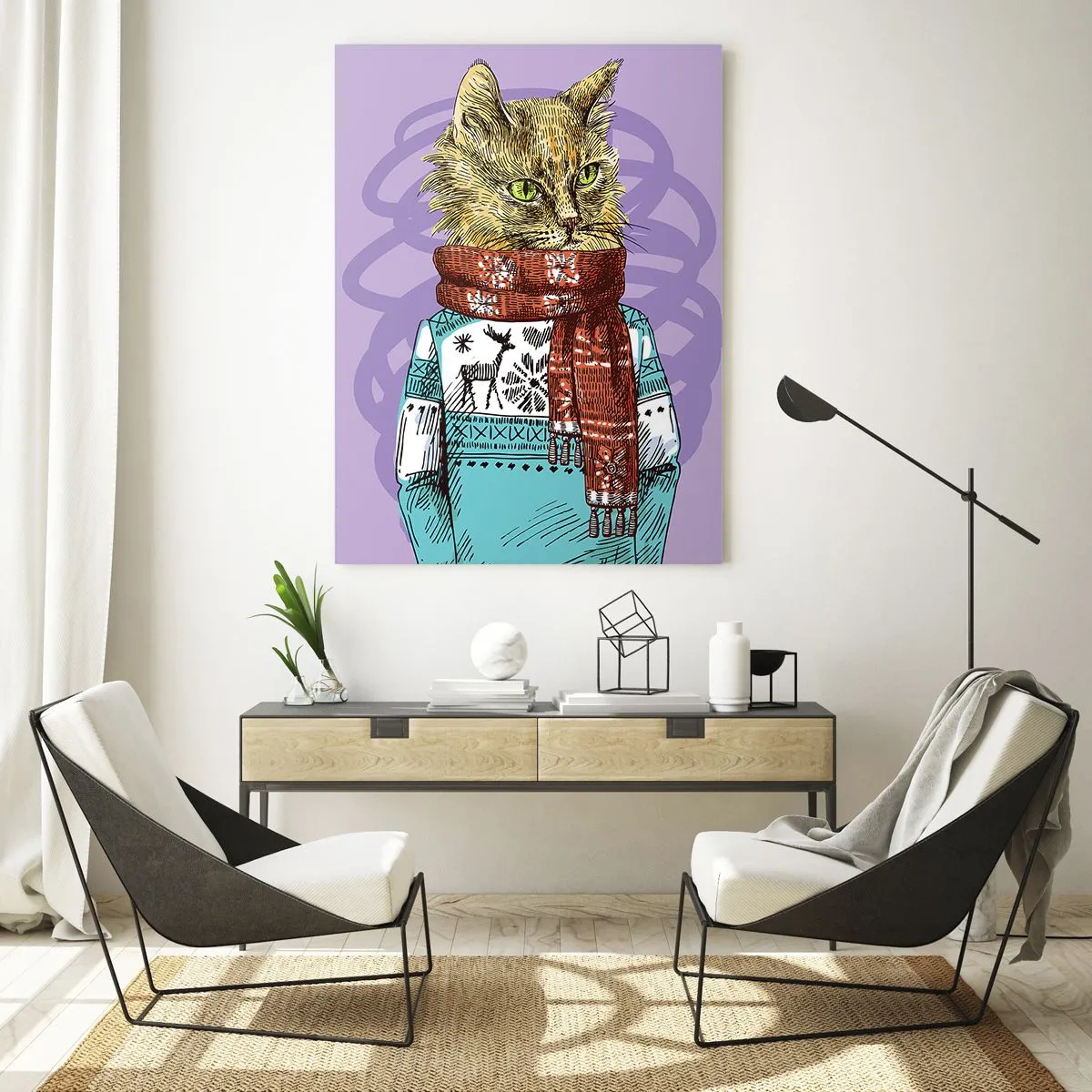 Cuadro sobre vidrio - Impresiones sobre Vidrio - Un gato con un suéter y una bufanda sobre un fondo morado. - 70x100cm - El gato no solo tenía botas - Decoración de pared moderna para salón y dormitorio ARTTOR