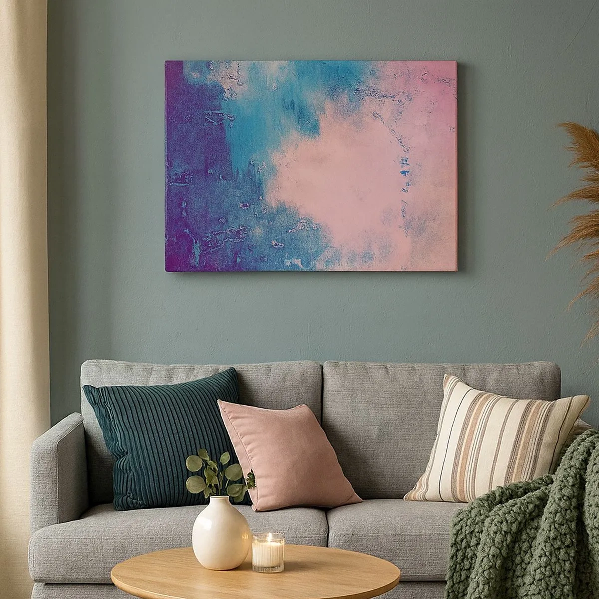 Cuadro sobre lienzo - Impresión de Imagen - Textura abstracta en tonos rosa y azul. - 70x50cm - Abrazo azul - Decoración de pared moderna para salón y dormitorio ARTTOR