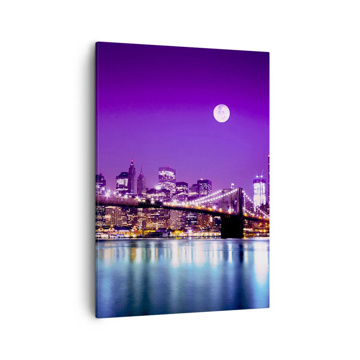 Cuadro sobre lienzo - Impresión de Imagen - Puente de Brooklyn de noche con la ciudad iluminada y luna llena - 50x70cm - Las luces de una gran ciudad en púrpura - Decoración de pared moderna para salón y dormitorio ARTTOR