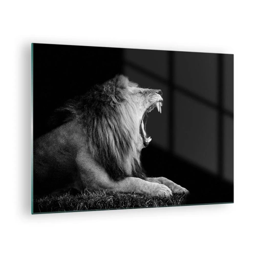 Cuadro sobre vidrio - Impresiones sobre Vidrio - Retrato en blanco y negro de un león rugiendo contra una sombra. - 70x50cm - Sin duda alguna - Decoración de pared moderna para salón y dormitorio ARTTOR
