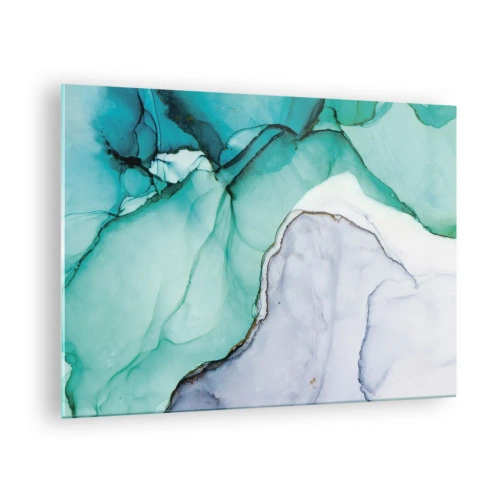 Cuadro sobre vidrio - Impresiones sobre Vidrio - Un cuadro abstracto en tonos turquesa y blanco, con delicadas grietas. - 70x50cm - Estudio en turquesa - Decoración de pared moderna para salón y dormitorio ARTTOR