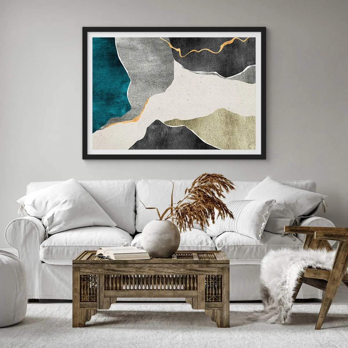 Póster en marco negro - Formas geométricas en tonos grises, verdes y dorados. - 70x50cm - Composición en mosaico con una hebra de oro - Decoración de pared moderna para salón y dormitorio ARTTOR