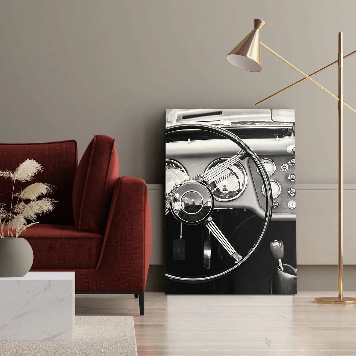 Cuadro sobre lienzo - Impresión de Imagen - Interior de coche clásico en blanco y negro - 70x100cm - El sueño de un coleccionista - Decoración de pared moderna para salón y dormitorio ARTTOR