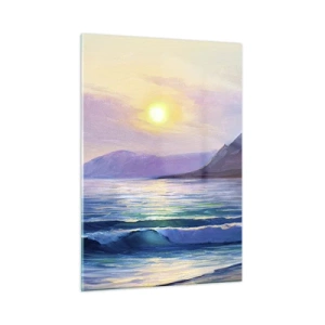 Cuadro sobre vidrio - Impresiones sobre Vidrio - Una pintoresca puesta de sol sobre el mar tranquilo y las montañas. - 50x70cm - Cristal de agua y aire - Decoración de pared moderna para salón y dormitorio ARTTOR