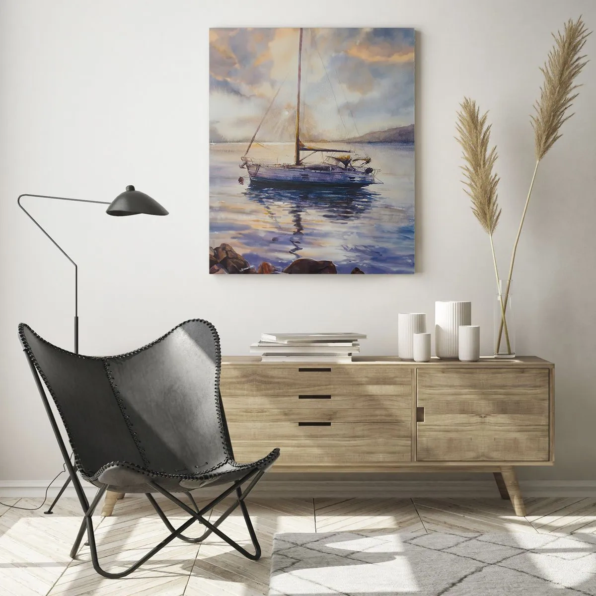 Cuadro sobre vidrio - Impresiones sobre Vidrio - Un yate amarrado en una bahía tranquila al anochecer. - 50x70cm - Atardecer en la bahía - Decoración de pared moderna para salón y dormitorio ARTTOR