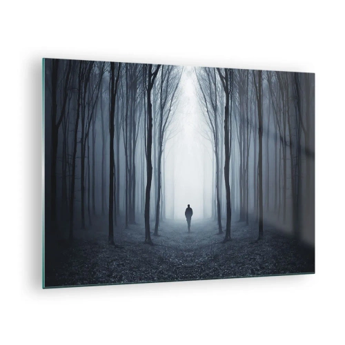 Cuadro sobre vidrio - Impresiones sobre Vidrio - Una figura en un bosque oscuro con niebla al fondo. - 70x50cm - Alto y claro - Decoración de pared moderna para salón y dormitorio ARTTOR
