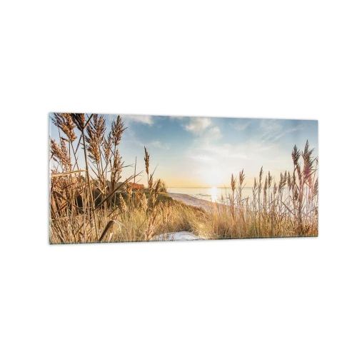 Cuadro sobre vidrio - Impresiones sobre Vidrio - Una playa pintoresca con césped y la puesta de sol. - 120x50cm - Playa del norte - Decoración de pared moderna para salón y dormitorio ARTTOR