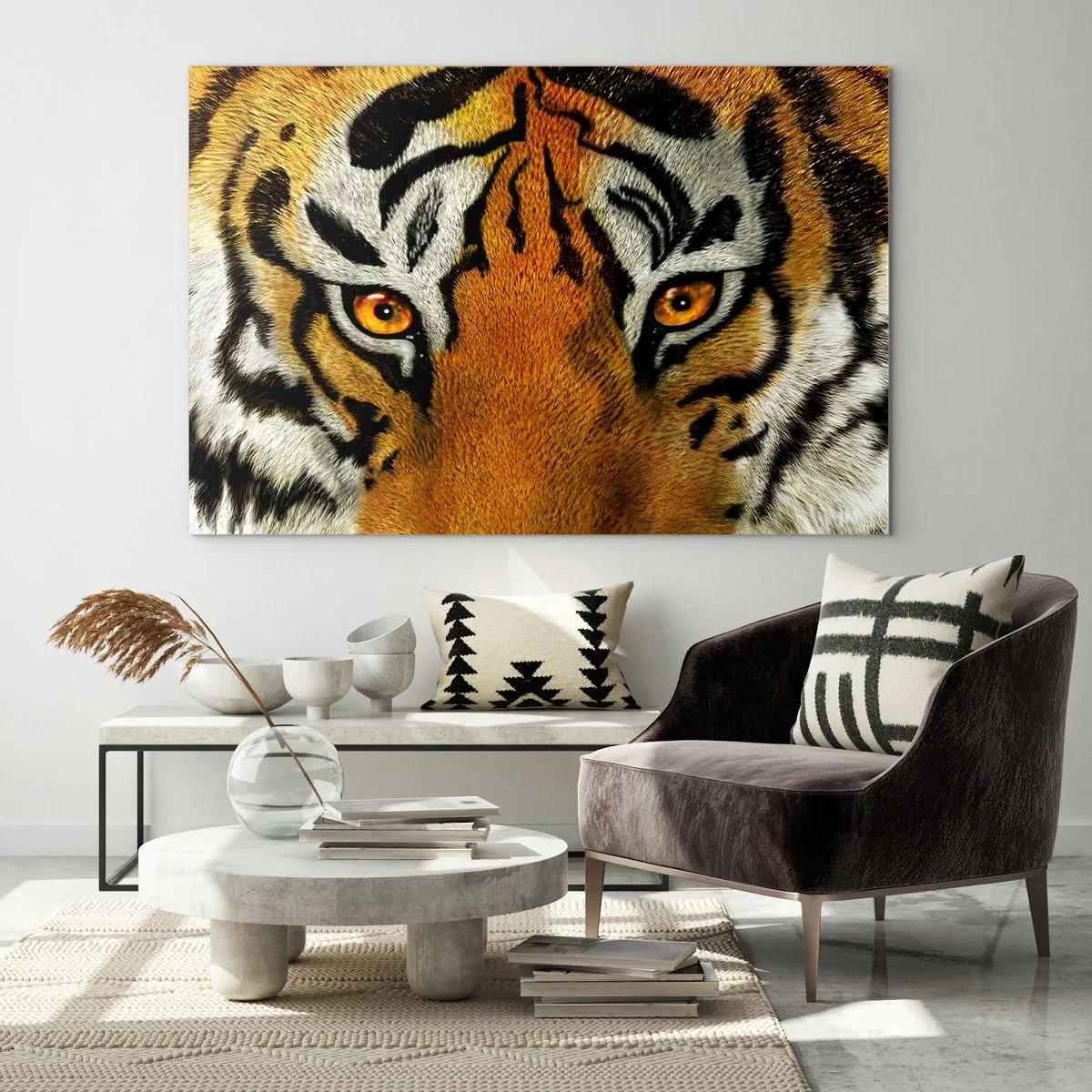 Cuadro sobre vidrio - Impresiones sobre Vidrio - Primer plano de la intensa mirada del tigre. - 120x80cm - Amenazante y hermoso - Decoración de pared moderna para salón y dormitorio ARTTOR