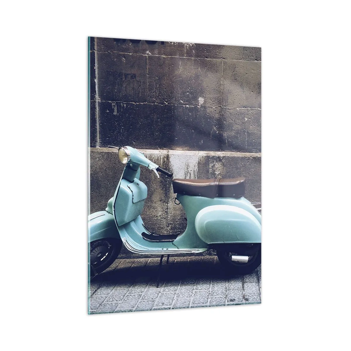 Cuadro sobre vidrio - Impresiones sobre Vidrio - Un scooter azul contra la pared de un edificio. - 50x70cm - Momentos inolvidables - Decoración de pared moderna para salón y dormitorio ARTTOR