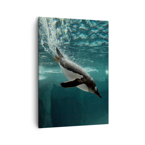Cuadro sobre lienzo - Impresión de Imagen - Un pingüino sumergiéndose en las profundidades del agua helada. - 50x70cm - Bienvenido a mi mundo - Decoración de pared moderna para salón y dormitorio ARTTOR