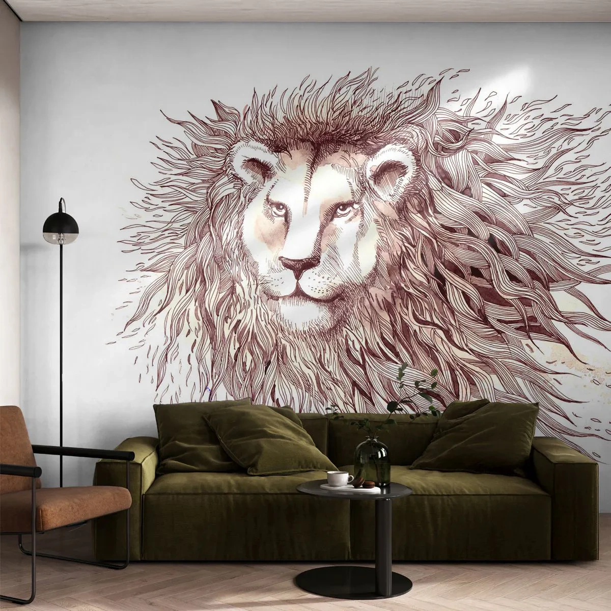 Fotomural Premium Sand - Un león majestuoso en una ilustración artística y estilizada. - 100x70cm - Gobernante extravagante - Decoración de pared moderna para salón y dormitorio ARTTOR