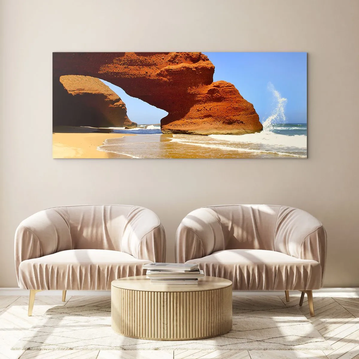 Cuadro sobre vidrio - Impresiones sobre Vidrio - Un arco de roca natural en una playa con cielos azules y olas. - 140x50cm - El agua y el viento a través de miles de años - Decoración de pared moderna para salón y dormitorio ARTTOR