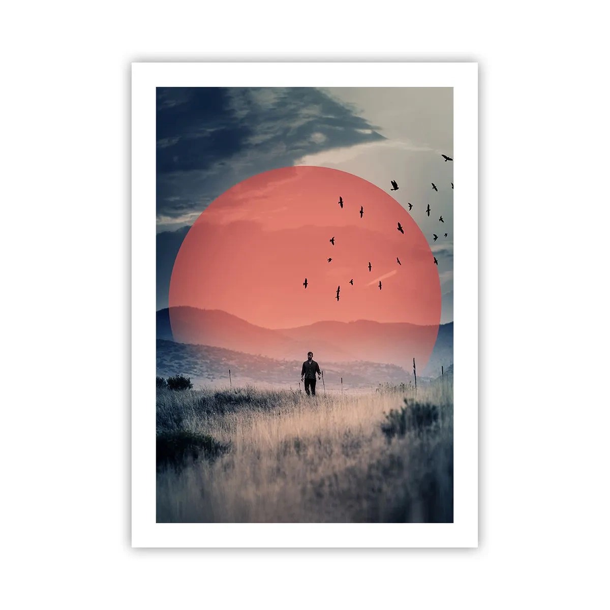 Póster - Un hombre caminando por un campo contra un sol rojo. - 50x70cm - En su elemento - Decoración de pared moderna para salón y dormitorio ARTTOR