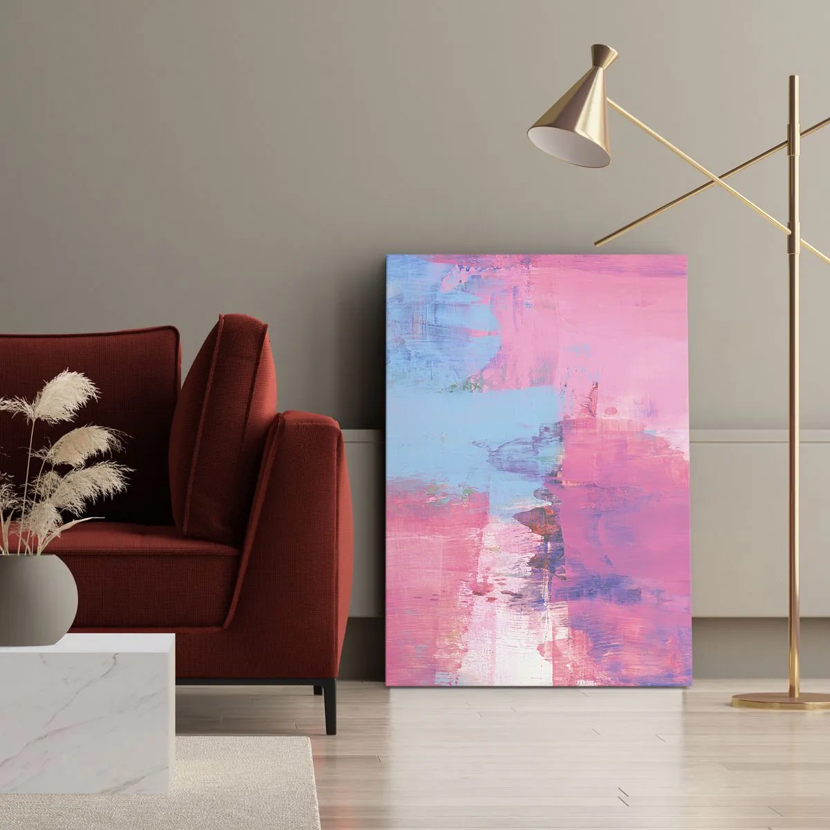 Cuadro sobre lienzo - Impresión de Imagen - Composición abstracta en rosa y azul. - 50x70cm - Rosa, azul y una pizca de luz - Decoración de pared moderna para salón y dormitorio ARTTOR